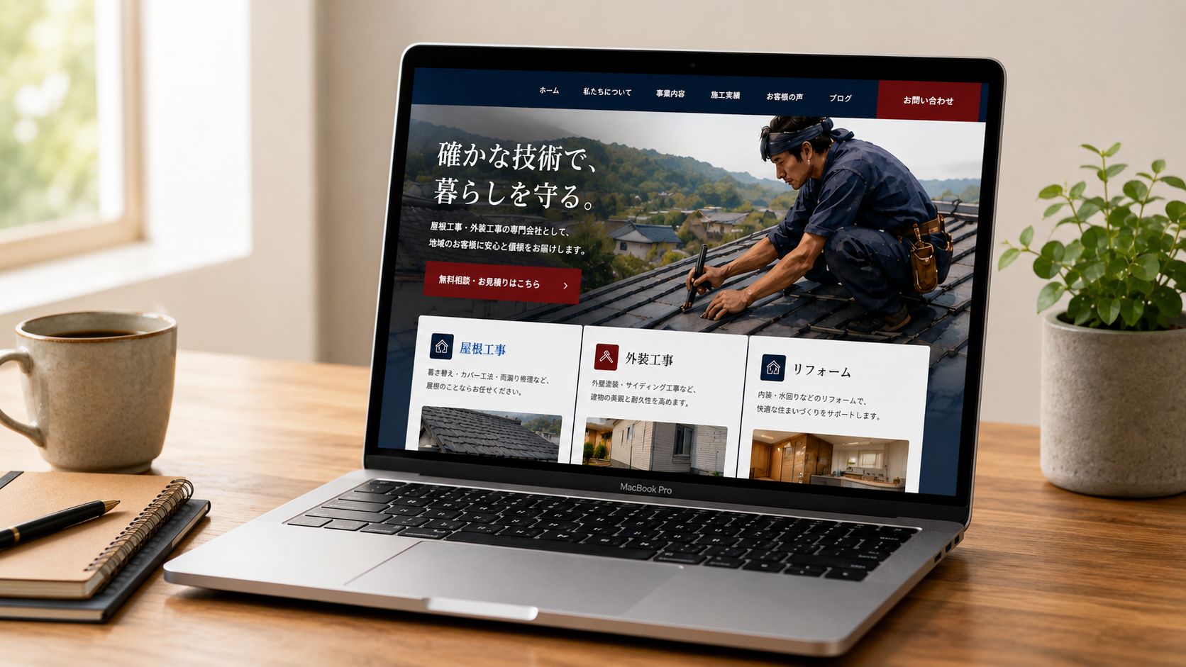 暖簾ファーストが制作したホームページ — 机の上のノートPCと観葉植物